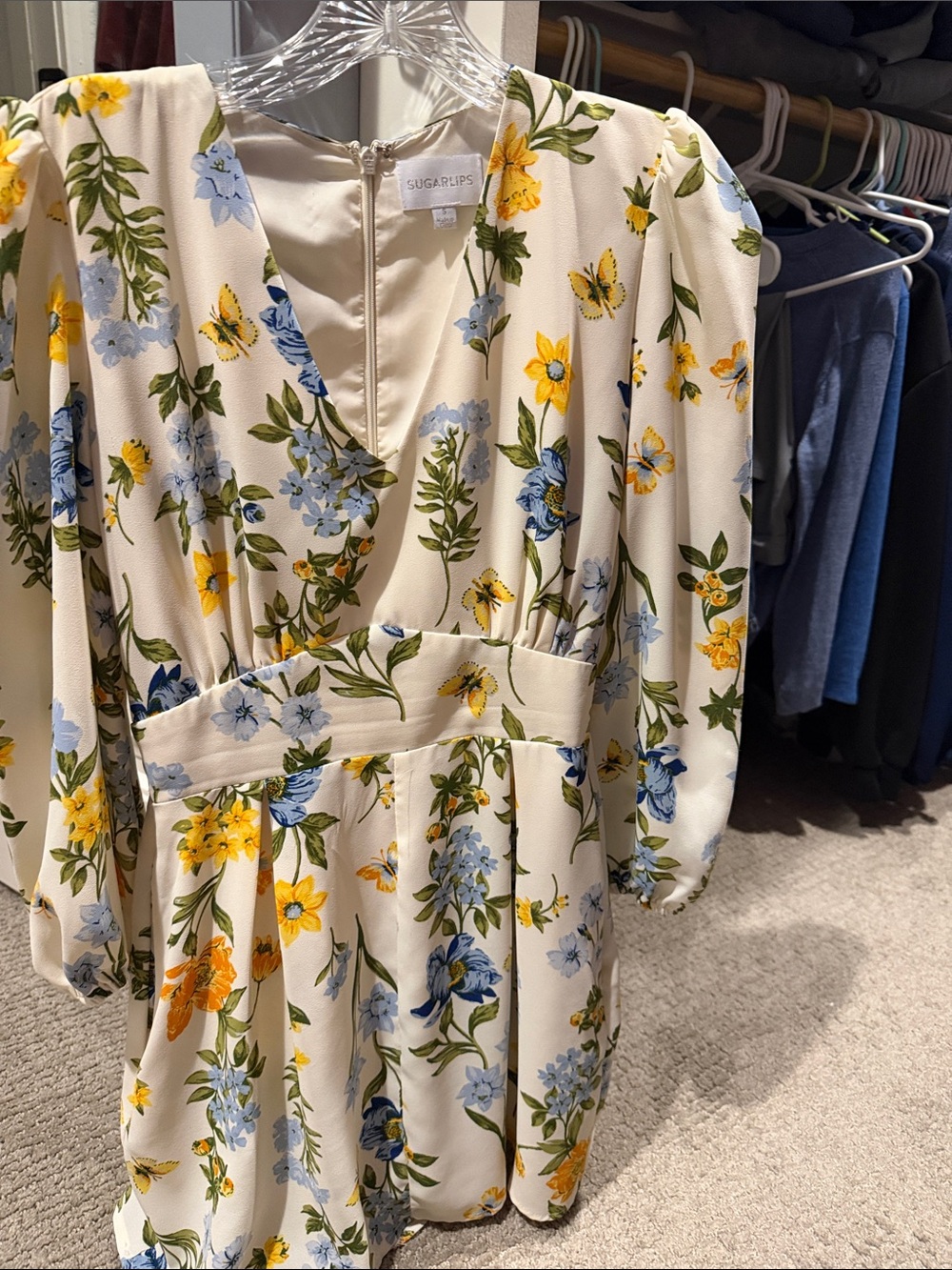Sugarlips Cream Floral V-Neck Mini Dress with Blue & Yellow Blooms